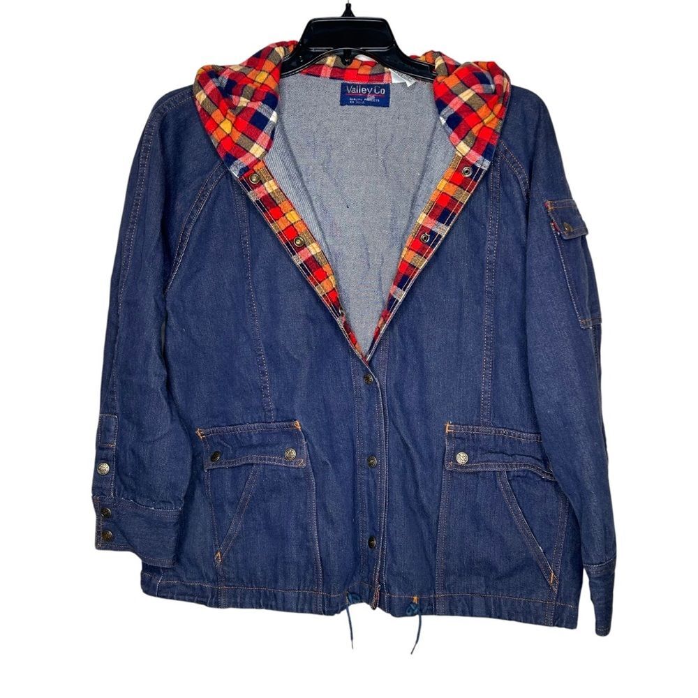 Vintage 70s 1970s Valley Co Denim cotton Jacket with Plaid Hood XXL